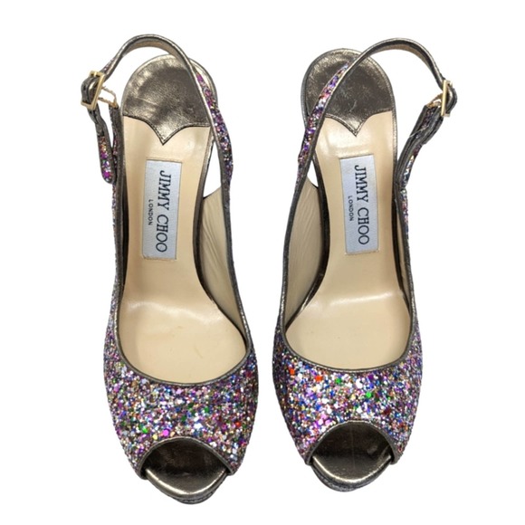 Jimmy Choo Multicolor Glitter Vibe Leather Peep Toe Platform Pumps 37.5 - Picture 3 of 11